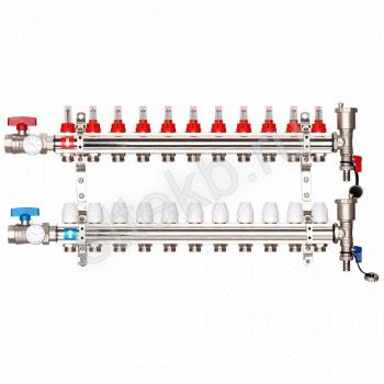 Коллектор регулируемый с расходомерами из латуни - 2 шаровых крана с термометром - 2 воздухоотводчика - 2 сливных крана - 2 кронштейна 11-вых. x1"x3/4" Gappo G421.11 - Сантехтрейд - Интернет-магазин сантехники г. Екатеринбург