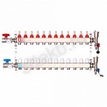 Коллектор регулируемый с расходомерами из нержавеющей стали - 2 шаровых крана с термометром - 2 воздухоотводчика - 2 сливных крана - 2 кронштейна 12-вых. x1"x3/4" Gappo G422.12 - Сантехтрейд - Интернет-магазин сантехники г. Екатеринбург