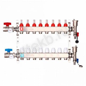 Коллектор регулируемый с расходомерами из нержавеющей стали - 2 шаровых крана с термометром - 2 воздухоотводчика - 2 сливных крана - 2 кронштейна 8-вых. x1"x3/4" Gappo G422.8 - Сантехтрейд - Интернет-магазин сантехники г. Екатеринбург