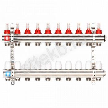 Коллектор регулируемый с расходомерами из латуни - 2 загрушки - 2 кронштейна 10-вых. x1"x3/4" Gappo G423.10 - Сантехтрейд - Интернет-магазин сантехники г. Екатеринбург