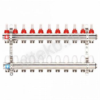 Коллектор регулируемый с расходомерами из латуни - 2 загрушки - 2 кронштейна 11-вых. x1"x3/4" Gappo G423.11 - Сантехтрейд - Интернет-магазин сантехники г. Екатеринбург