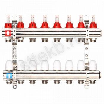 Коллектор регулируемый с расходомерами из латуни - 2 загрушки - 2 кронштейна 8-вых. x1"x3/4" Gappo G423.8 - Сантехтрейд - Интернет-магазин сантехники г. Екатеринбург