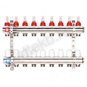 Коллектор регулируемый с расходомерами из латуни - 2 загрушки - 2 кронштейна 9-вых. x1"x3/4" Gappo G423.9 - Сантехтрейд - Интернет-магазин сантехники г. Екатеринбург