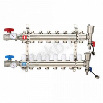 Коллектор регулируемый с запорными клапанами из латуни - 2 шаровых крана с термометром - 2 воздухоотводчика - 2 сливных крана - 2 кронштейна 8-вых. x 1" x 3/4" Gappo G425.8 - Сантехтрейд - Интернет-магазин сантехники г. Екатеринбург