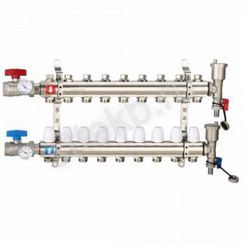 Коллектор регулируемый с запорными клапанами из латуни - 2 шаровых крана с термометром - 2 воздухоотводчика - 2 сливных крана - 2 кронштейна 9-вых. x 1" x 3/4" Gappo G425.9 - Сантехтрейд - Интернет-магазин сантехники г. Екатеринбург