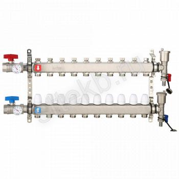Коллектор регулируемый с запорными клапанами из нержавеющей стали - 2 шаровых крана с термометром - 2 воздухоотводчика - 2 сливных крана - 2 кронштейна 10-вых. x 1" x 3/4" Gappo G426.10 - Сантехтрейд - Интернет-магазин сантехники г. Екатеринбург