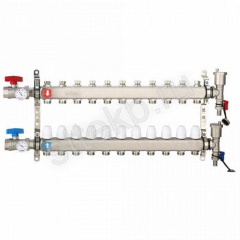 Коллектор регулируемый с запорными клапанами из нержавеющей стали - 2 шаровых крана с термометром - 2 воздухоотводчика - 2 сливных крана - 2 кронштейна 11-вых. x 1" x 3/4" Gappo G426.11 - Сантехтрейд - Интернет-магазин сантехники г. Екатеринбург