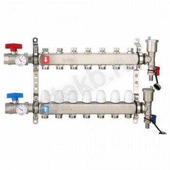 Коллектор регулируемый с запорными клапанами из нержавеющей стали - 2 шаровых крана с термометром - 2 воздухоотводчика - 2 сливных крана - 2 кронштейна 7-вых. x 1" x 3/4" Gappo G426.7 - Сантехтрейд - Интернет-магазин сантехники г. Екатеринбург