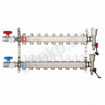 Коллектор регулируемый с запорными клапанами из нержавеющей стали - 2 шаровых крана с термометром - 2 воздухоотводчика - 2 сливных крана - 2 кронштейна 9-вых. x 1" x 3/4" Gappo G426.9 - Сантехтрейд - Интернет-магазин сантехники г. Екатеринбург