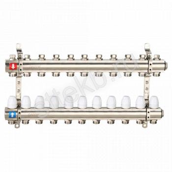 Коллектор регулируемый с запорными клапанами из латуни - 2 загрушки - 2 кронштейна 11-вых. x 1" x 3/4" Gappo G427.11 - Сантехтрейд - Интернет-магазин сантехники г. Екатеринбург