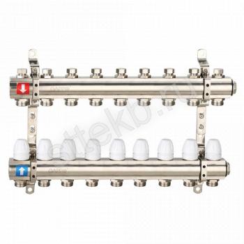 Коллектор регулируемый с запорными клапанами из латуни - 2 загрушки - 2 кронштейна 9-вых. x 1" x 3/4" Gappo G427.9 - Сантехтрейд - Интернет-магазин сантехники г. Екатеринбург