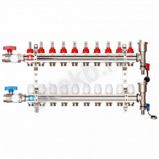 Коллектор регулируемый с расходомерами из латуни - 2 шаровых крана с термометром - 2 воздухоотводчика - 2 сливных крана - 2 кронштейна  10-вых. x1"x3/4" Gappo G421.10 - Сантехтрейд - Интернет-магазин сантехники г. Екатеринбург