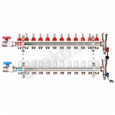 Коллектор регулируемый с расходомерами из латуни - 2 шаровых крана с термометром - 2 воздухоотводчика - 2 сливных крана - 2 кронштейна  12-вых. x1"x3/4" Gappo G421.12 - Сантехтрейд - Интернет-магазин сантехники г. Екатеринбург