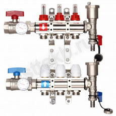 Коллектор регулируемый с расходомерами из латуни - 2 шаровых крана с термометром - 2 воздухоотводчика - 2 сливных крана - 2 кронштейна  3-вых. x1"x3/4" Gappo G421.3 - Сантехтрейд - Интернет-магазин сантехники г. Екатеринбург