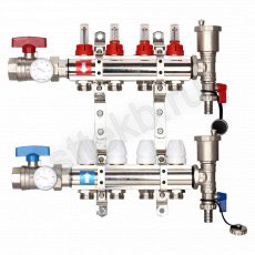 Коллектор регулируемый с расходомерами из латуни - 2 шаровых крана с термометром - 2 воздухоотводчика - 2 сливных крана - 2 кронштейна  4-вых. x1"x3/4" Gappo G421.4 - Сантехтрейд - Интернет-магазин сантехники г. Екатеринбург