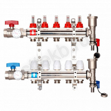 Коллектор регулируемый с расходомерами из латуни - 2 шаровых крана с термометром - 2 воздухоотводчика - 2 сливных крана - 2 кронштейна  5-вых. x1"x3/4" Gappo G421.5 - Сантехтрейд - Интернет-магазин сантехники г. Екатеринбург
