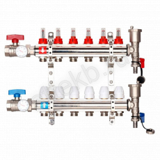 Коллектор регулируемый с расходомерами из латуни - 2 шаровых крана с термометром - 2 воздухоотводчика - 2 сливных крана - 2 кронштейна  6-вых. x1"x3/4" Gappo G421.6 - Сантехтрейд - Интернет-магазин сантехники г. Екатеринбург