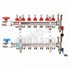 Коллектор регулируемый с расходомерами из латуни - 2 шаровых крана с термометром - 2 воздухоотводчика - 2 сливных крана - 2 кронштейна  7-вых. x1"x3/4" Gappo G421.7 - Сантехтрейд - Интернет-магазин сантехники г. Екатеринбург