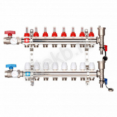 Коллектор регулируемый с расходомерами из латуни - 2 шаровых крана с термометром - 2 воздухоотводчика - 2 сливных крана - 2 кронштейна  8-вых. x1"x3/4" Gappo G421.8 - Сантехтрейд - Интернет-магазин сантехники г. Екатеринбург