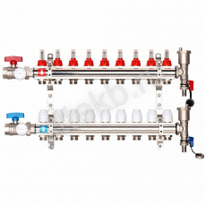 Коллектор регулируемый с расходомерами из латуни - 2 шаровых крана с термометром - 2 воздухоотводчика - 2 сливных крана - 2 кронштейна  9-вых. x1"x3/4" Gappo G421.9 - Сантехтрейд - Интернет-магазин сантехники г. Екатеринбург