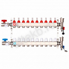 Коллектор регулируемый с расходомерами из нержавеющей стали - 2 шаровых крана с термометром - 2 воздухоотводчика - 2 сливных крана - 2 кронштейна  10-вых. x1"x3/4" Gappo G422.10 - Сантехтрейд - Интернет-магазин сантехники г. Екатеринбург
