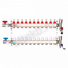 Коллектор регулируемый с расходомерами из нержавеющей стали - 2 шаровых крана с термометром - 2 воздухоотводчика - 2 сливных крана - 2 кронштейна  11-вых. x1"x3/4" Gappo G422.11 - Сантехтрейд - Интернет-магазин сантехники г. Екатеринбург