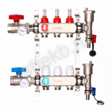 Коллектор регулируемый с расходомерами из нержавеющей стали - 2 шаровых крана с термометром - 2 воздухоотводчика - 2 сливных крана - 2 кронштейна  3-вых. x1"x3/4" Gappo G422.3 - Сантехтрейд - Интернет-магазин сантехники г. Екатеринбург