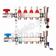 Коллектор регулируемый с расходомерами из нержавеющей стали - 2 шаровых крана с термометром - 2 воздухоотводчика - 2 сливных крана - 2 кронштейна  4-вых. x1"x3/4" Gappo G422.4 - Сантехтрейд - Интернет-магазин сантехники г. Екатеринбург