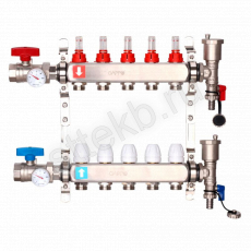 Коллектор регулируемый с расходомерами из нержавеющей стали - 2 шаровых крана с термометром - 2 воздухоотводчика - 2 сливных крана - 2 кронштейна  5-вых. x1"x3/4" Gappo G422.5 - Сантехтрейд - Интернет-магазин сантехники г. Екатеринбург