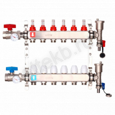Коллектор регулируемый с расходомерами из нержавеющей стали - 2 шаровых крана с термометром - 2 воздухоотводчика - 2 сливных крана - 2 кронштейна  6-вых. x1"x3/4" Gappo G422.6 - Сантехтрейд - Интернет-магазин сантехники г. Екатеринбург