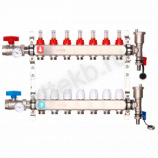 Коллектор регулируемый с расходомерами из нержавеющей стали - 2 шаровых крана с термометром - 2 воздухоотводчика - 2 сливных крана - 2 кронштейна  7-вых. x1"x3/4" Gappo G422.7 - Сантехтрейд - Интернет-магазин сантехники г. Екатеринбург