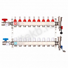 Коллектор регулируемый с расходомерами из нержавеющей стали - 2 шаровых крана с термометром - 2 воздухоотводчика - 2 сливных крана - 2 кронштейна  9-вых. x1"x3/4" Gappo G422.9 - Сантехтрейд - Интернет-магазин сантехники г. Екатеринбург