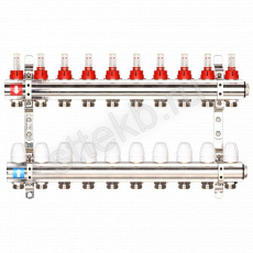 Коллектор регулируемый с расходомерами из латуни - 2 загрушки - 2 кронштейна  10-вых. x1"x3/4" Gappo G423.10 - Сантехтрейд - Интернет-магазин сантехники г. Екатеринбург