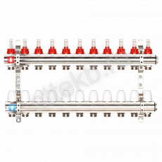 Коллектор регулируемый с расходомерами из латуни - 2 загрушки - 2 кронштейна  11-вых. x1"x3/4" Gappo G423.11 - Сантехтрейд - Интернет-магазин сантехники г. Екатеринбург