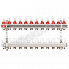 Коллектор регулируемый с расходомерами из латуни - 2 загрушки - 2 кронштейна  12-вых. x1"x3/4" Gappo G423.12 - Сантехтрейд - Интернет-магазин сантехники г. Екатеринбург