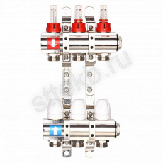 Коллектор регулируемый с расходомерами из латуни - 2 загрушки - 2 кронштейна  3-вых. x1"x3/4" Gappo G423.3 - Сантехтрейд - Интернет-магазин сантехники г. Екатеринбург