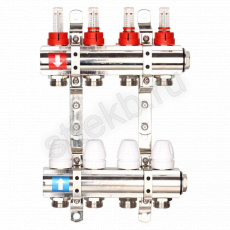 Коллектор регулируемый с расходомерами из латуни - 2 загрушки - 2 кронштейна  4-вых. x1"x3/4" Gappo G423.4 - Сантехтрейд - Интернет-магазин сантехники г. Екатеринбург