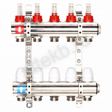 Коллектор регулируемый с расходомерами из латуни - 2 загрушки - 2 кронштейна  5-вых. x1"x3/4" Gappo G423.5 - Сантехтрейд - Интернет-магазин сантехники г. Екатеринбург