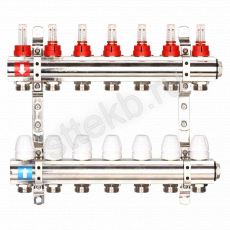 Коллектор регулируемый с расходомерами из латуни - 2 загрушки - 2 кронштейна  7-вых. x1"x3/4" Gappo G423.7 - Сантехтрейд - Интернет-магазин сантехники г. Екатеринбург