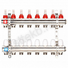 Коллектор регулируемый с расходомерами из латуни - 2 загрушки - 2 кронштейна  8-вых. x1"x3/4" Gappo G423.8 - Сантехтрейд - Интернет-магазин сантехники г. Екатеринбург