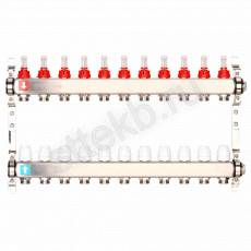 Коллектор регулируемый с расходомерами из нержавеющей стали - 2 загрушки - 2 кронштейна   11-вых. x1"x3/4" Gappo G424.11 - Сантехтрейд - Интернет-магазин сантехники г. Екатеринбург