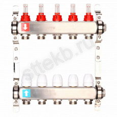 Коллектор регулируемый с расходомерами из нержавеющей стали - 2 загрушки - 2 кронштейна   5-вых. x1"x3/4" Gappo G424.5 - Сантехтрейд - Интернет-магазин сантехники г. Екатеринбург