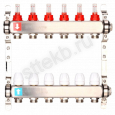 Коллектор регулируемый с расходомерами из нержавеющей стали - 2 загрушки - 2 кронштейна   6-вых. x1"x3/4" Gappo G424.6 - Сантехтрейд - Интернет-магазин сантехники г. Екатеринбург