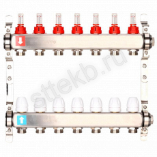 Коллектор регулируемый с расходомерами из нержавеющей стали - 2 загрушки - 2 кронштейна   7-вых. x1"x3/4" Gappo G424.7 - Сантехтрейд - Интернет-магазин сантехники г. Екатеринбург