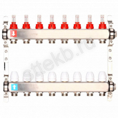 Коллектор регулируемый с расходомерами из нержавеющей стали - 2 загрушки - 2 кронштейна   8-вых. x1"x3/4" Gappo G424.8 - Сантехтрейд - Интернет-магазин сантехники г. Екатеринбург