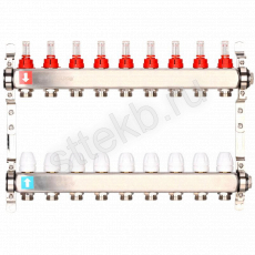Коллектор регулируемый с расходомерами из нержавеющей стали - 2 загрушки - 2 кронштейна   9-вых. x1"x3/4" Gappo G424.9 - Сантехтрейд - Интернет-магазин сантехники г. Екатеринбург