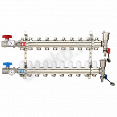 Коллектор регулируемый с запорными клапанами из латуни - 2 шаровых крана с термометром - 2 воздухоотводчика - 2 сливных крана - 2 кронштейна  10-вых. x 1" x 3/4" Gappo G425.10 - Сантехтрейд - Интернет-магазин сантехники г. Екатеринбург