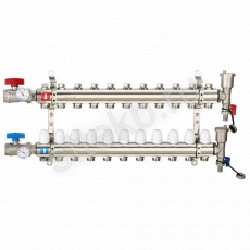 Коллектор регулируемый с запорными клапанами из латуни - 2 шаровых крана с термометром - 2 воздухоотводчика - 2 сливных крана - 2 кронштейна  11-вых. x 1" x 3/4" Gappo G425.11 - Сантехтрейд - Интернет-магазин сантехники г. Екатеринбург