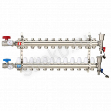 Коллектор регулируемый с запорными клапанами из латуни - 2 шаровых крана с термометром - 2 воздухоотводчика - 2 сливных крана - 2 кронштейна  12-вых. x 1" x 3/4" Gappo G425.12 - Сантехтрейд - Интернет-магазин сантехники г. Екатеринбург