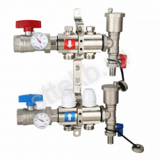 Коллектор регулируемый с запорными клапанами из латуни - 2 шаровых крана с термометром - 2 воздухоотводчика - 2 сливных крана - 2 кронштейна  2-вых. x 1" x 3/4" Gappo G425.2 - Сантехтрейд - Интернет-магазин сантехники г. Екатеринбург